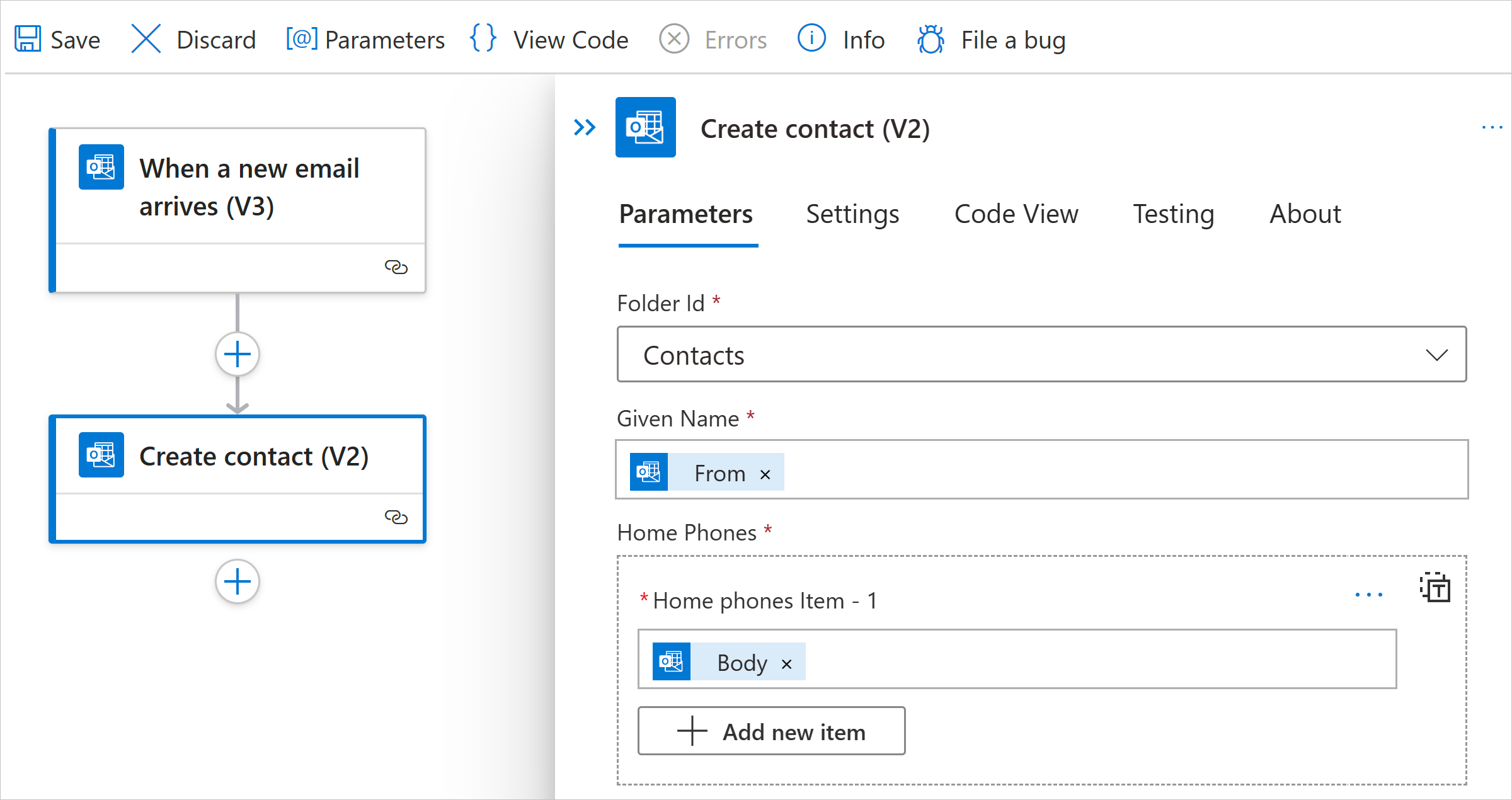 Screenshot shows Azure portal, Standard workflow, and action parameters.