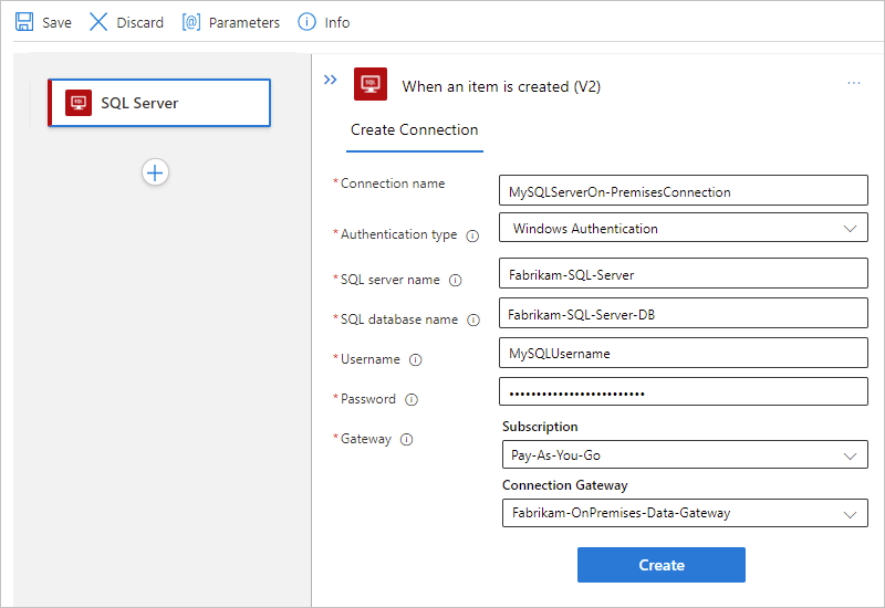 显示 Azure 门户、标准工作流和具有所选身份验证的 SQL Server 本地连接信息的屏幕截图。