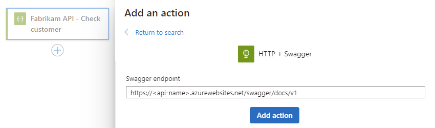显示 Azure 门户、工作流设计器和 HTTP + Swagger 操作窗格的屏幕截图。为 Swagger 终结点参数输入示例 URL。