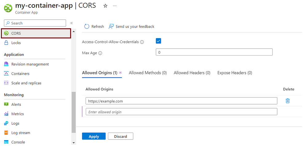 在 Azure 门户中为 Azure 容器应用配置 CORS | Azure Docs