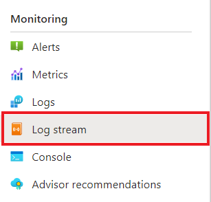 Screenshot of navigating to the Log stream page in the Azure portal.