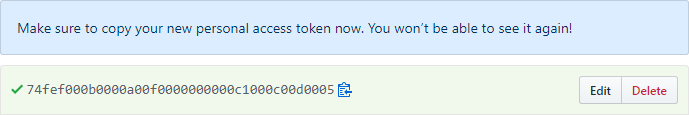 GitHub 中已生成的个人访问令牌的屏幕截图
