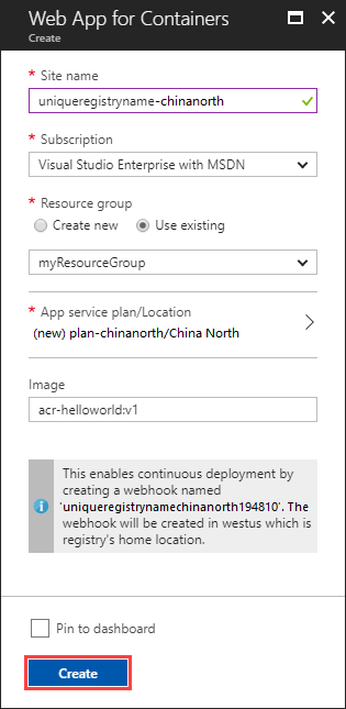 Screenshot shows the Web App for Containers with the Create button highlighted.