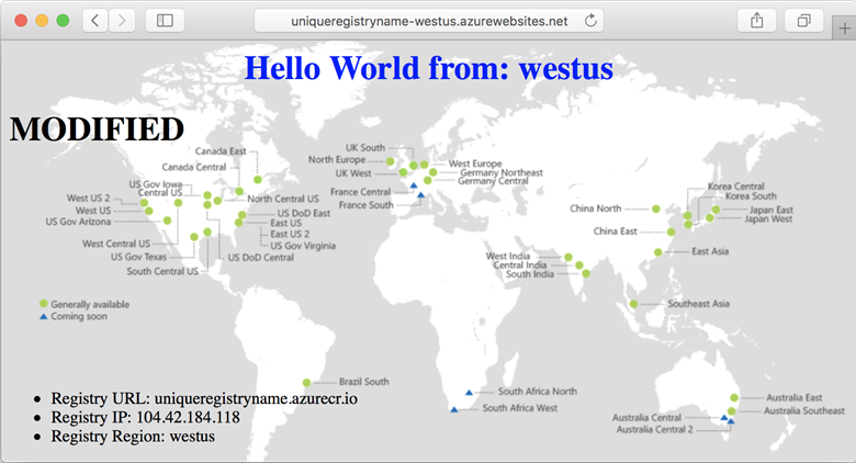 Browser view of modified web app running in China North region