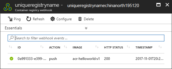 Container registry Webhook log in the Azure portal (China North)
