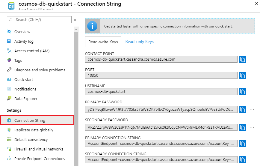 Screenshot showing how to view and copy the CONTACT POINT, USERNAME,and PASSWORD from the Connection String page.