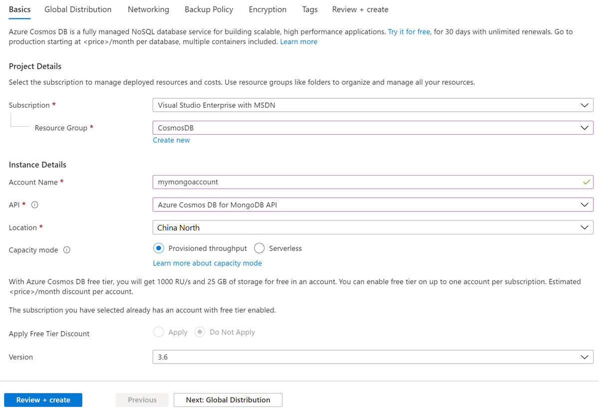 Azure Cosmos DB“新建帐户”页面的屏幕截图。