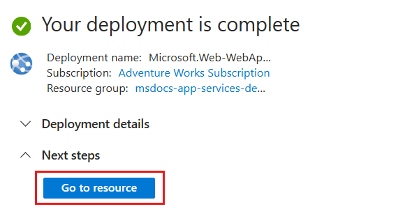 已完全部署的 Azure 应用服务 Web 应用资源的屏幕截图，其中突出显示了“转到资源”选项。