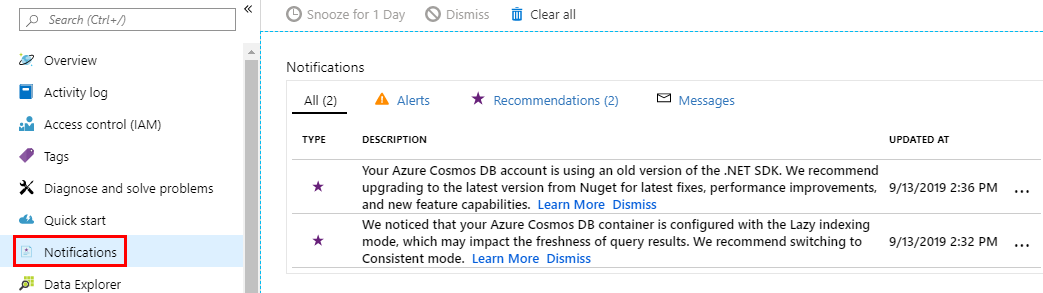 View recommendations from Azure Cosmos DB pane