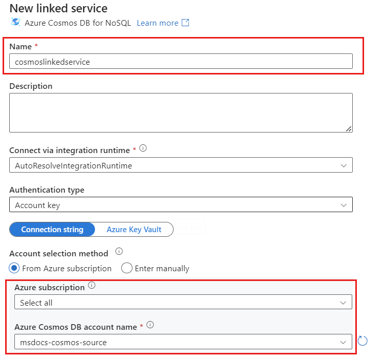 “新建链接服务”对话框的屏幕截图，其中选择了 Azure Cosmos DB 帐户。