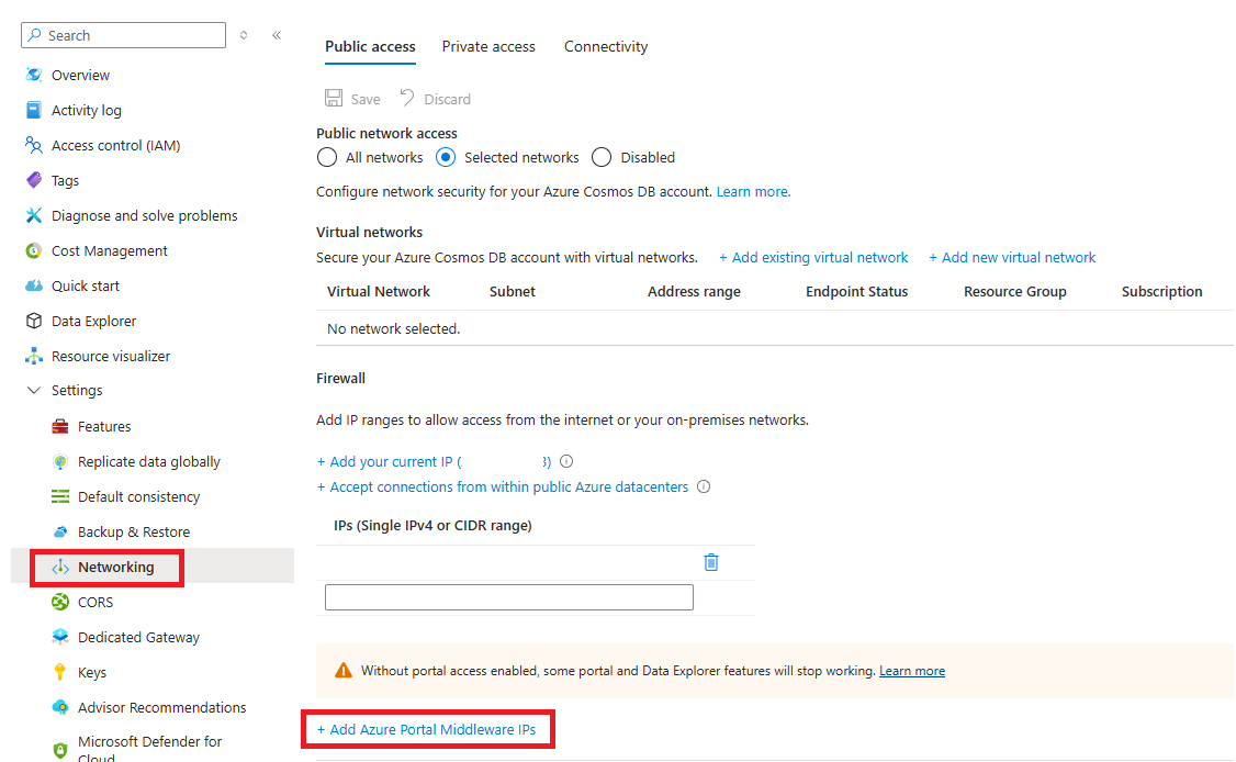 在 Azure 门户中将中间件 IP 地址添加到网络的选项的屏幕截图。