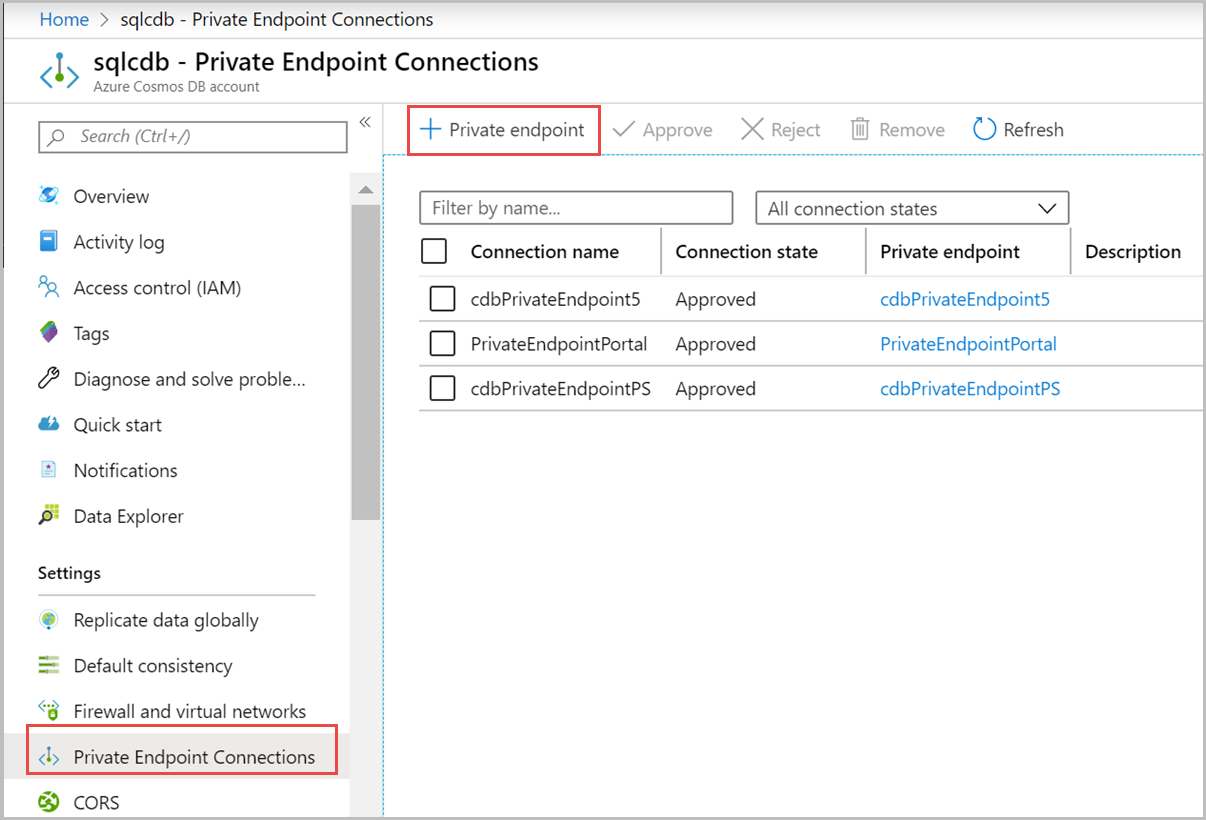 Screenshot of selections to create a private endpoint in the Azure portal