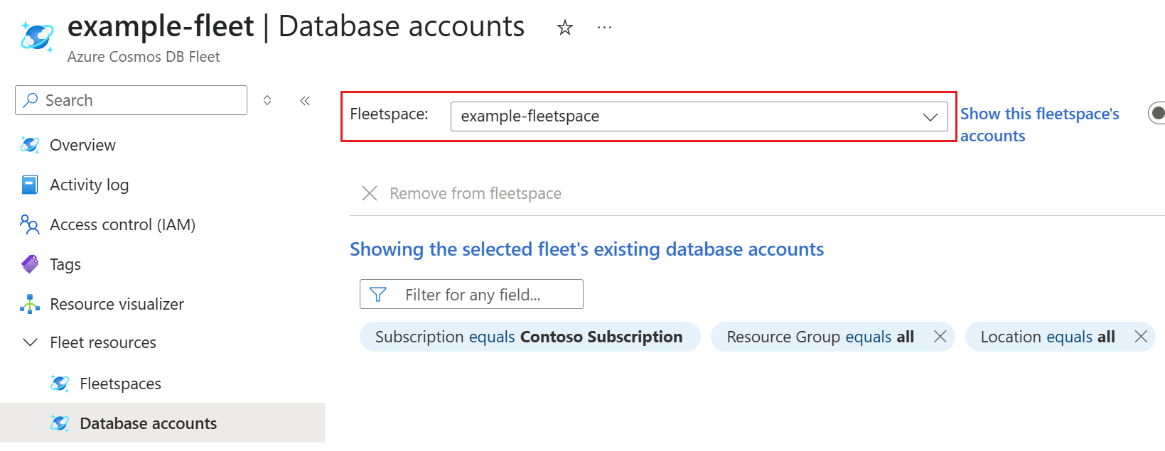 用于选择舰队空间的选项以及 Azure 门户中的舰队空间帐户注册页的屏幕截图。