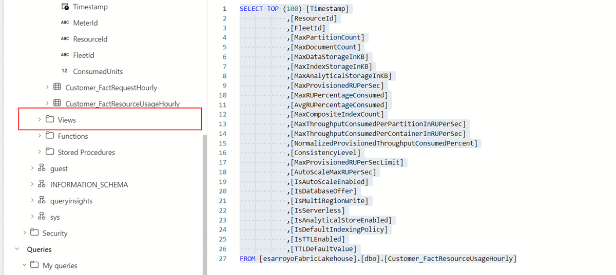 工作区中 SQL 终结点层次结构中的“Views”文件夹的屏幕截图。