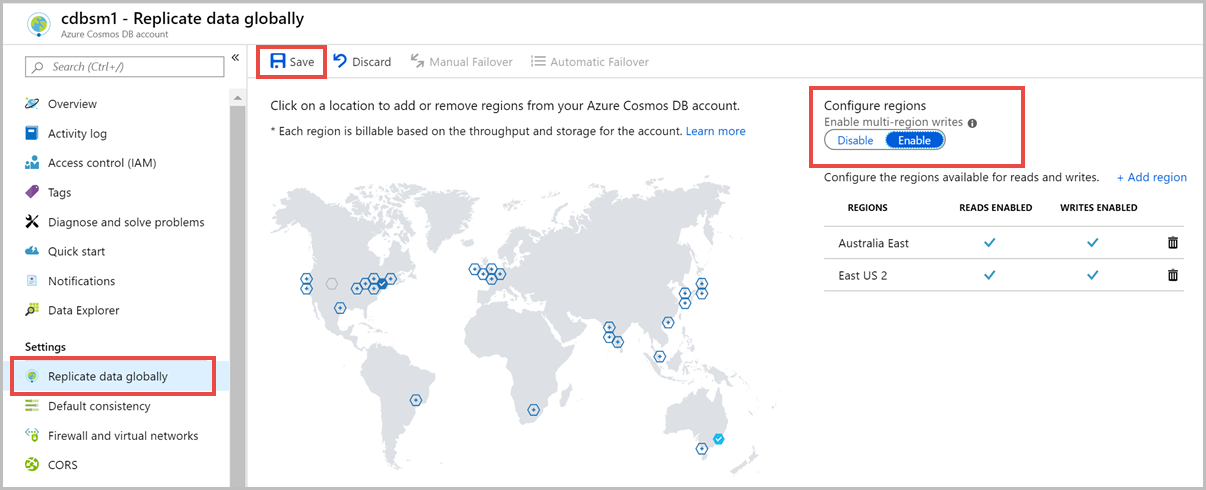 Azure Cosmos 帐户配置多区域写入屏幕截图