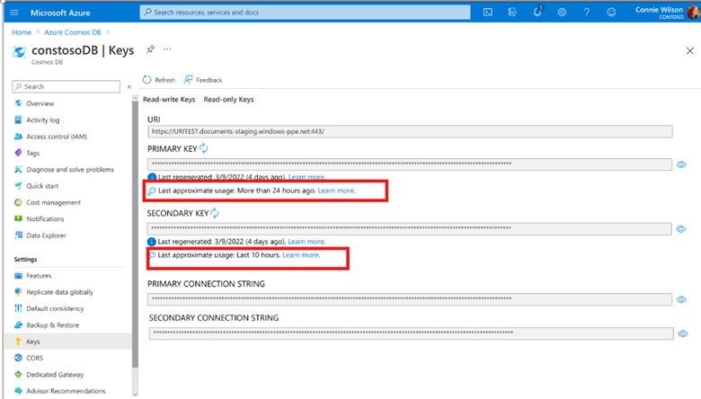 显示 Azure Cosmos DB 帐户中的帐户密钥使用情况元数据的屏幕截图。