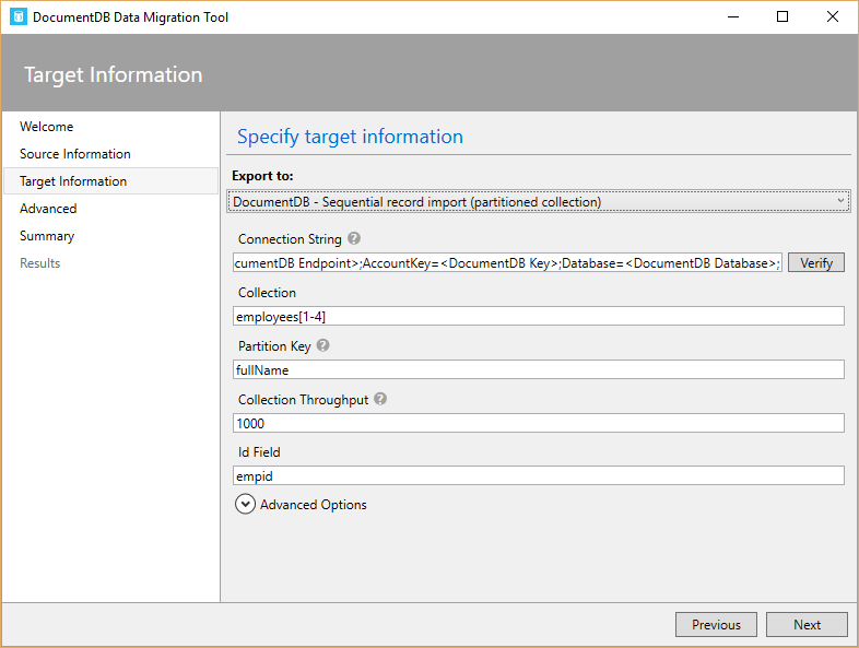 Screenshot of Azure Cosmos DB sequential record import options