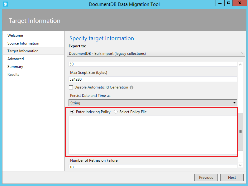 Screenshot of Azure Cosmos DB Indexing Policy advanced options.
