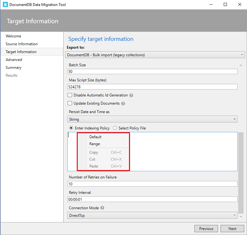Screenshot of Azure Cosmos DB Indexing Policy advanced options specifying target information.