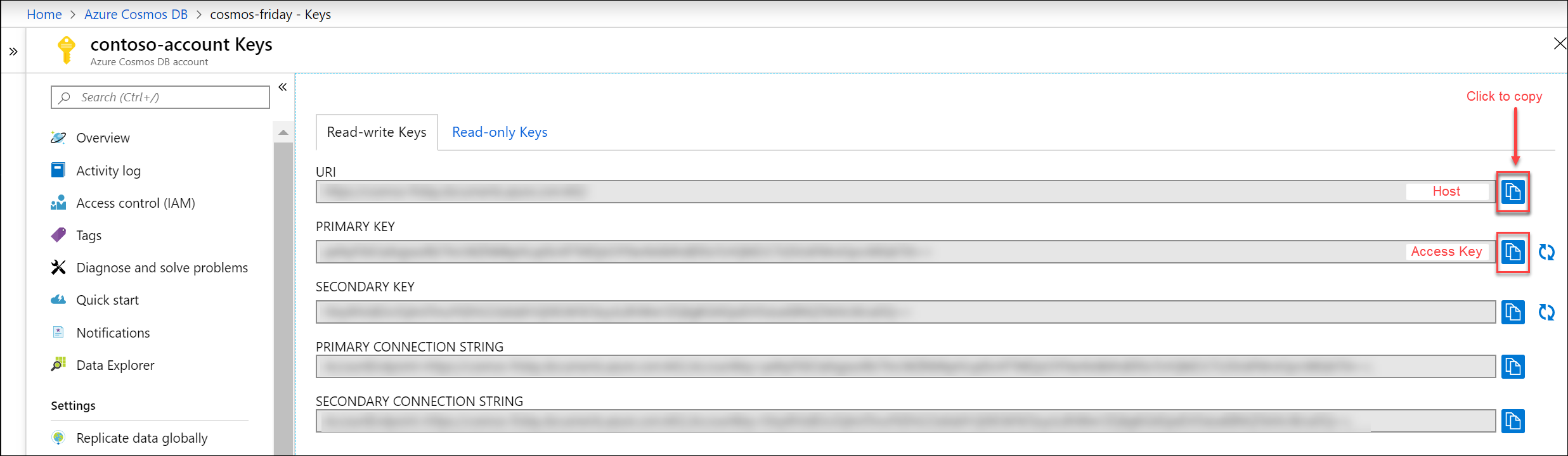 Azure Cosmos DB“密钥”页的屏幕截图。