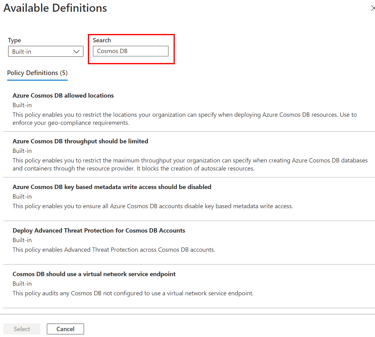 Search for Azure Cosmos DB built-in policy definitions
