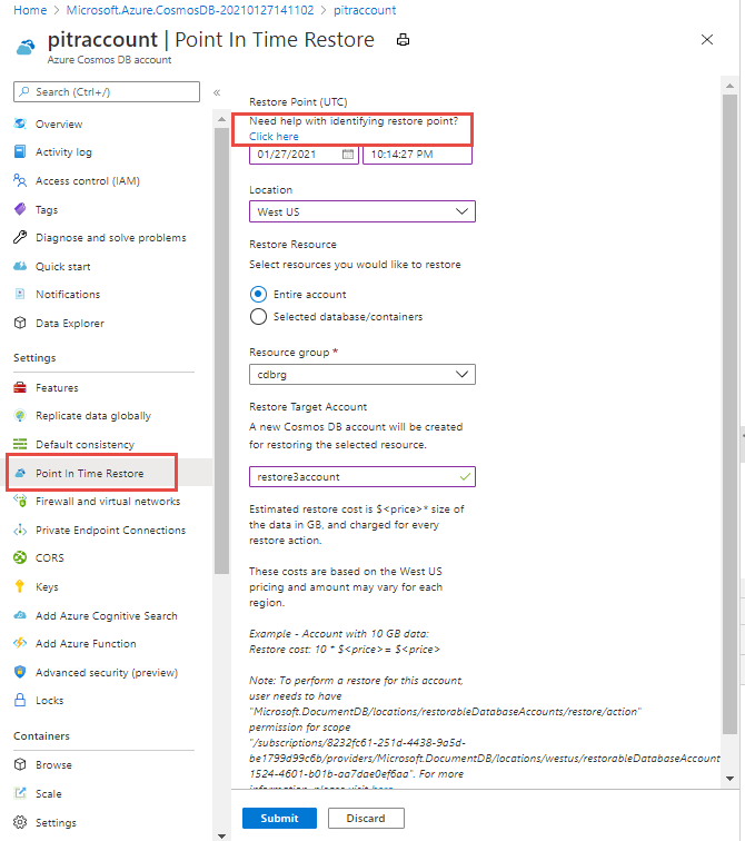 Restore a live account from accidental modification Azure portal.