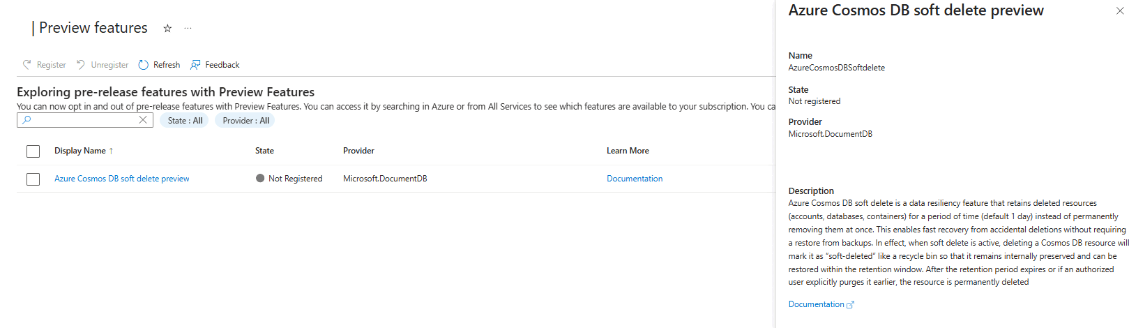 Azure门户中软删除功能、资源枚举和激活/停用的屏幕截图。