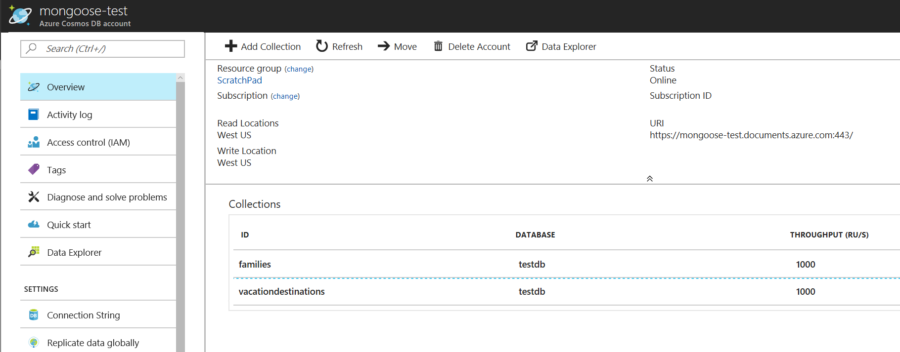 Node.js tutorial - Screenshot of the Azure portal, showing an Azure Cosmos DB account, with multiple collection names highlighted - Node database