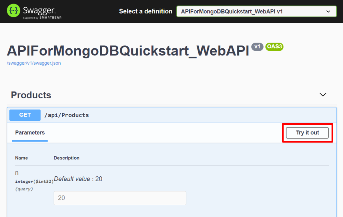 Web API Swagger UI 试用 API 终结点页面的屏幕截图。