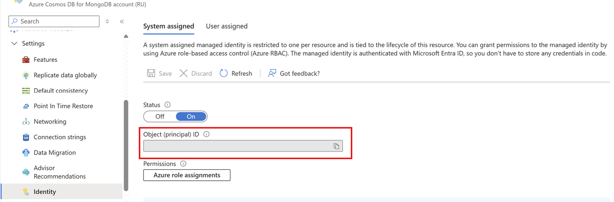 Azure 门户标识设置页的屏幕截图，其中显示了系统分配的托管标识配置选项。
