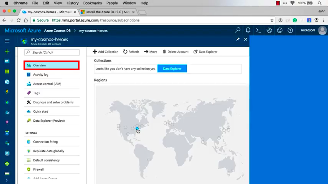Screenshot shows the Overview of an Azure Cosmos DB DB Account.