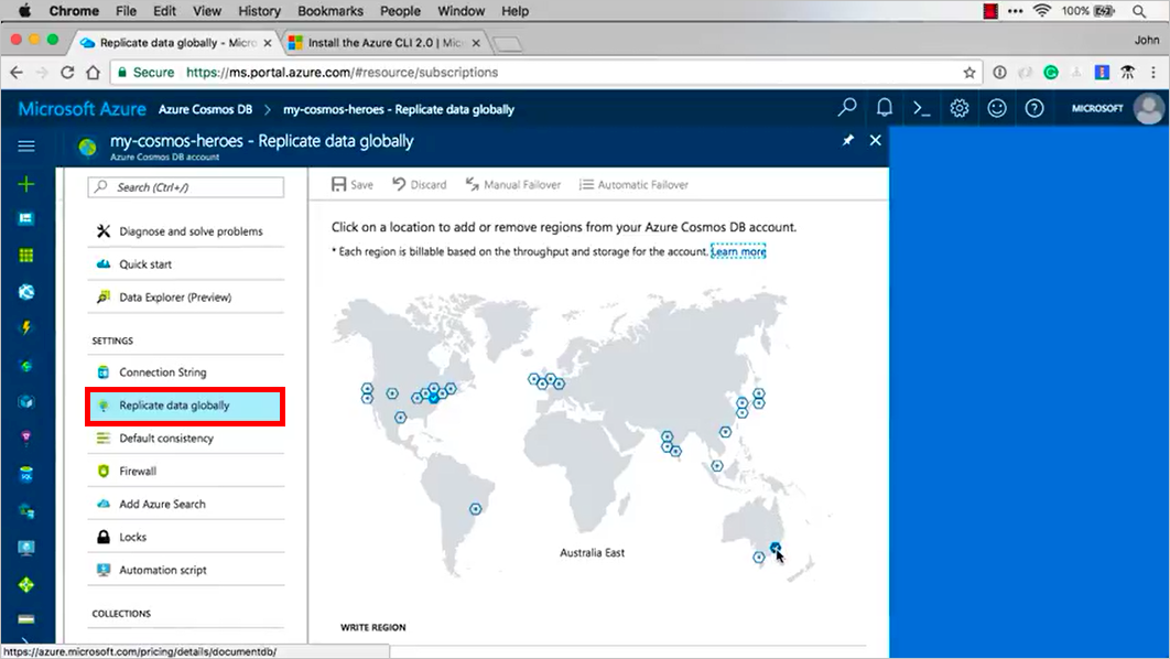 Screenshot shows an Azure Cosmos DB DB Account with Replicate data globally selected.