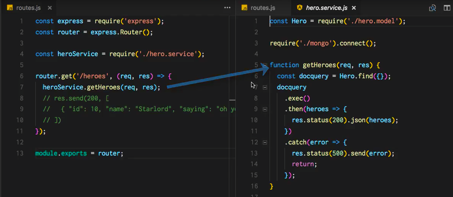 routes.js and hero.service.js in Visual Studio Code