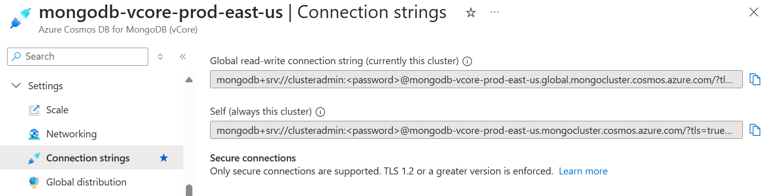 Azure Cosmos DB for MongoDB (vCore) 群集的群集连接字符串的屏幕截图，其中包括全局读写连接字符串和自连接字符串。