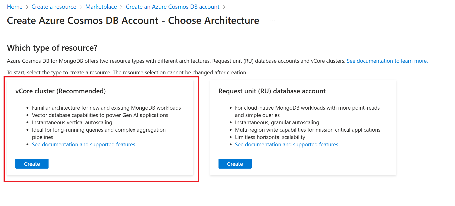 新 Azure Cosmos DB for MongoDB 群集的“资源类型”选项的屏幕截图。