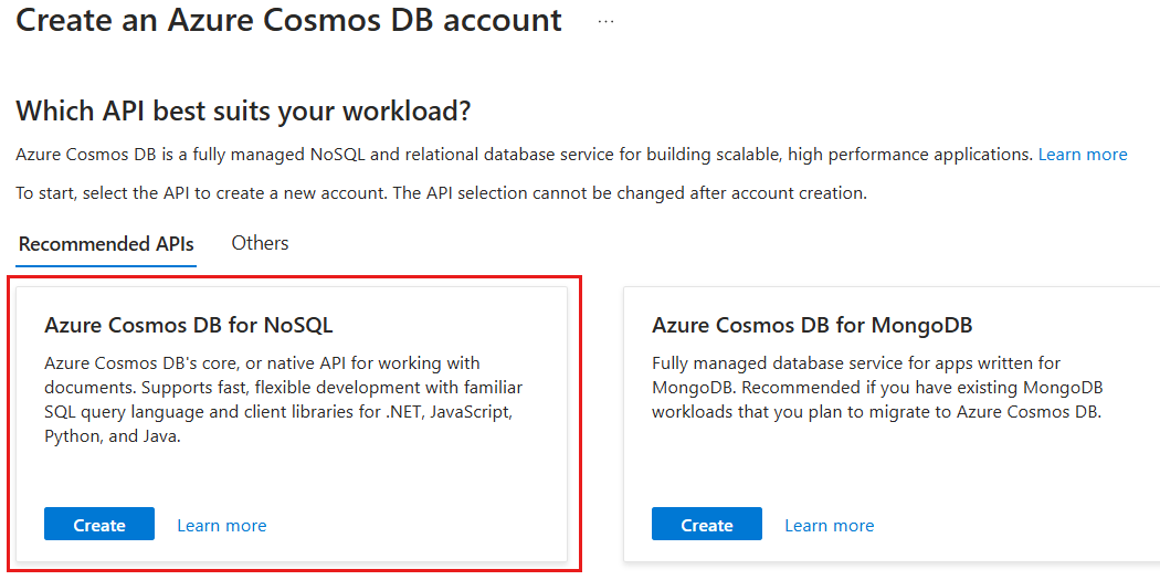 Azure Cosmos DB API 选择窗格的屏幕截图，其中突出显示了 API for NoSQL。