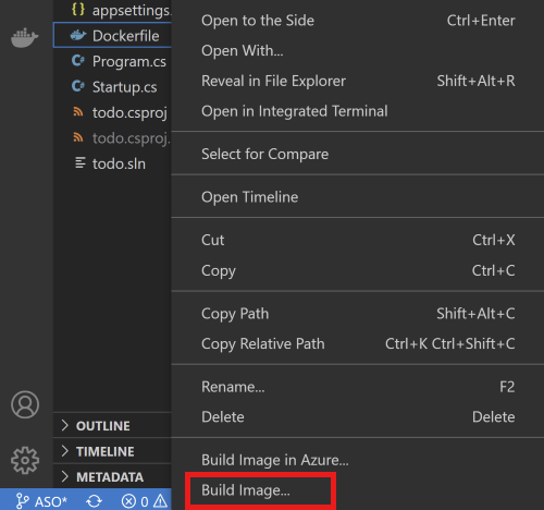 Screenshot of the context menu in Visual Studio Code with the Build Image option selected.