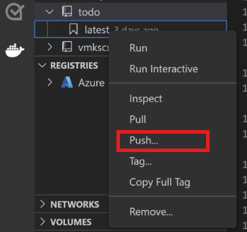 Screenshot of the context menu in Visual Studio Code with the Push option selected.