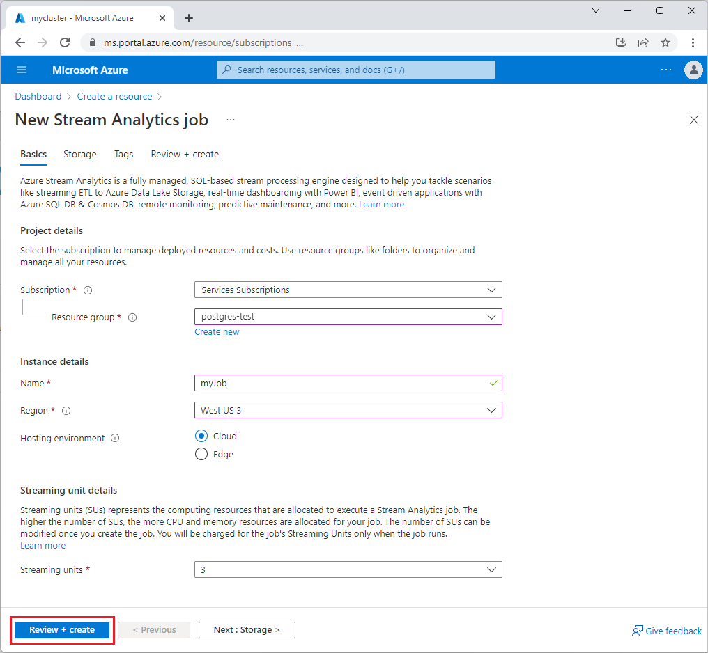 Screenshot that shows the create Stream Analytics job form.
