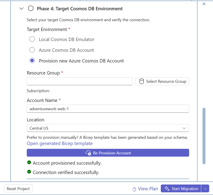 第 4 阶段的屏幕截图，其中显示了预配目标Azure Cosmos DB环境，其中包含选择“本地 Cosmos DB 模拟器”、“现有Azure Cosmos DB帐户”或预配新Azure Cosmos DB帐户的选项，包括成功的验证复选标记。