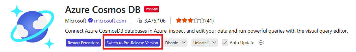 显示Azure Cosmos DB扩展Visual Studio Code中“切换到预发行版本”选项的屏幕截图。