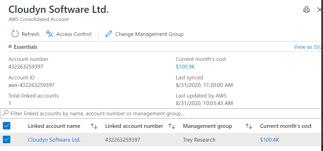 屏幕截图显示 AWS 合并帐户的详细信息。