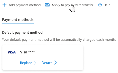 “付款方式”页的屏幕截图，其中“通过电汇应用”按钮显示在顶部。
