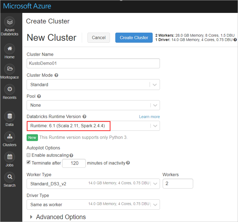 Databricks 群集设置。