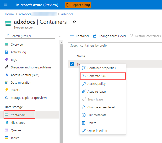 已选择“容器”的 Azure 门户的屏幕截图。右键单击特定容器后，会打开一个菜单。已从该菜单中选择“生成 SAS”。