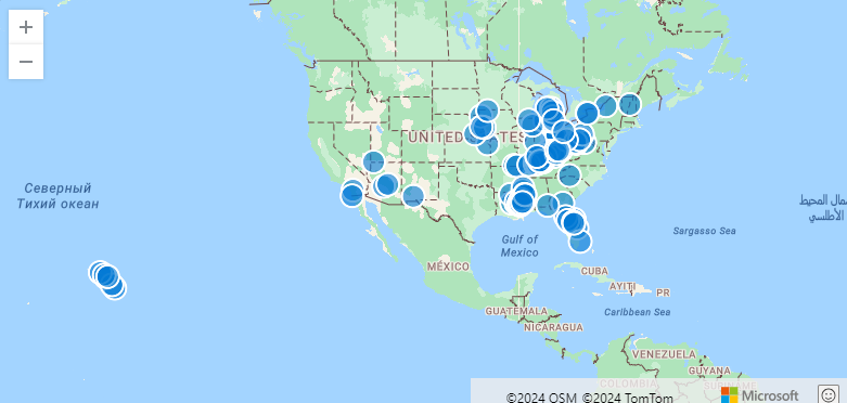 Screenshot of sample storm events on a map.