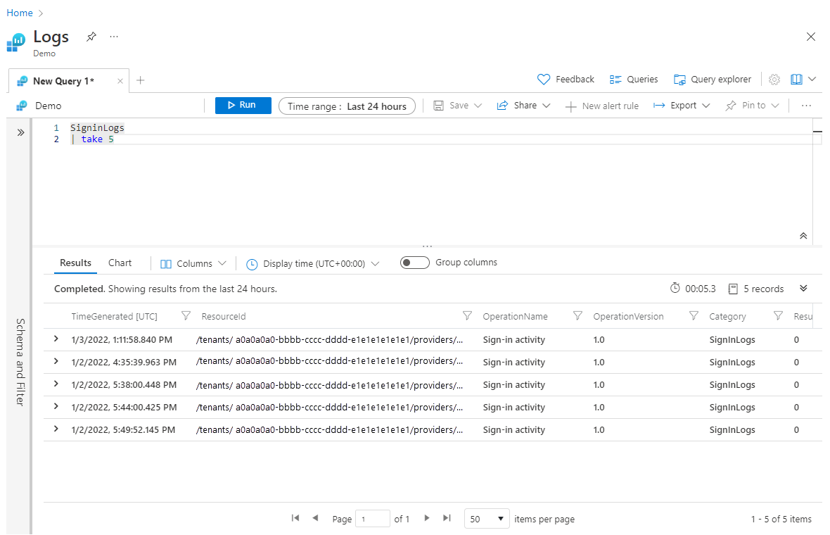 Screenshot of sample results for the 'take' operator.