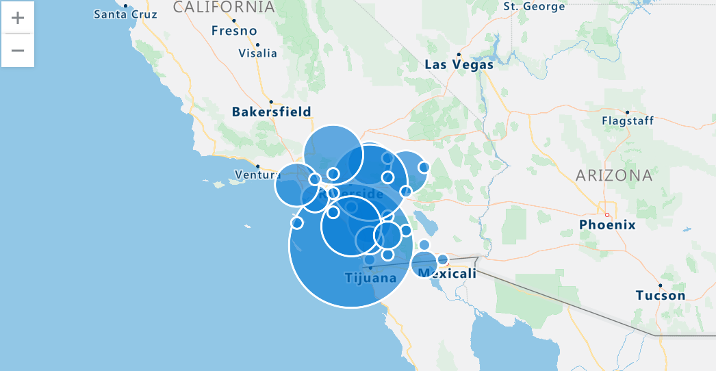 Screenshot of Azure Data Explorer web UI showing a geospatial map of southern California storms.