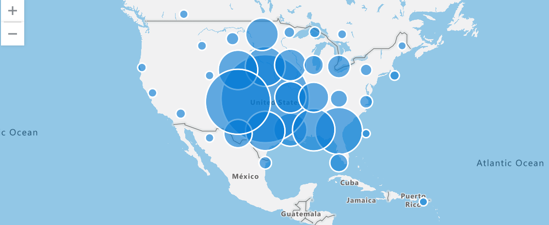 Screenshot of Azure Data Explorer web UI showing a geospatial map of tornado storms.
