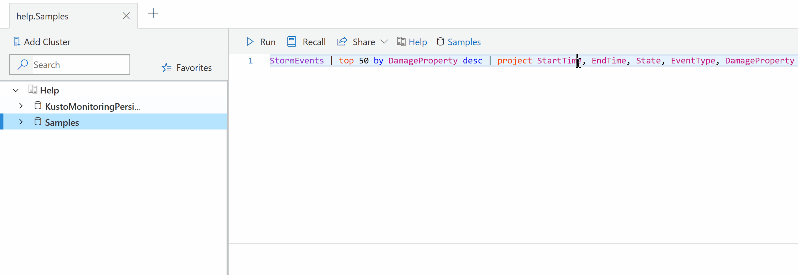 Animated GIF showing an Azure Data Explorer query. After the query is expanded, it changes format, appearing on one line, with pink column names.